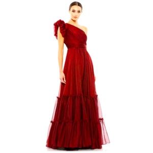 MAC DUGGAL One-Shoulder Tiered Chiffon Gown in Wine Size US 4